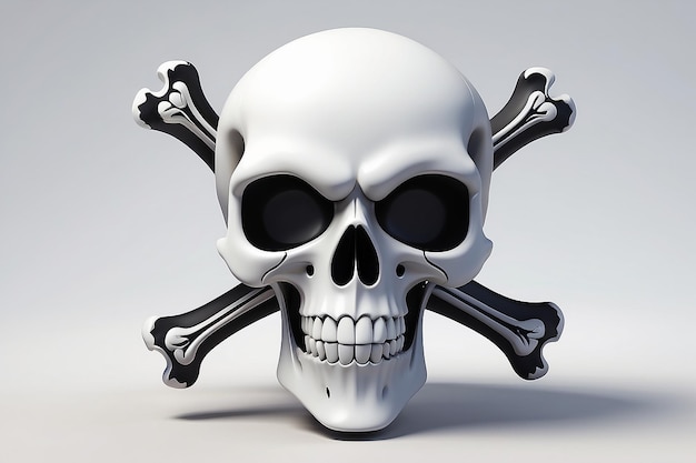 Foto 3d render icon de crânio e ossos branco com sombra estilo de desenho animado com olhos e nariz símbolo de ilustração digital