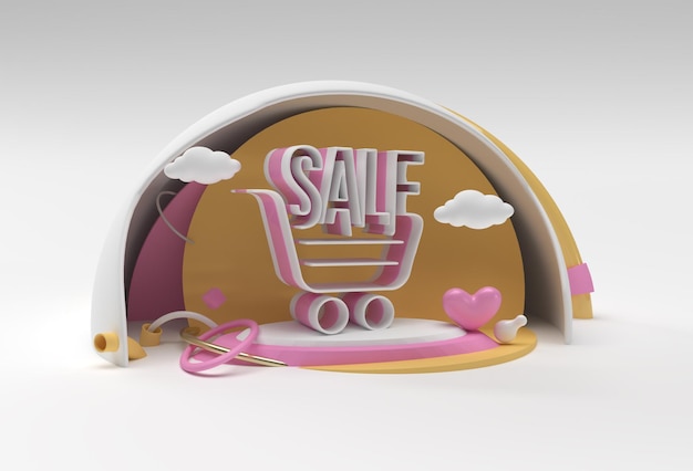 3D Render Icono de carrito de compras con texto de venta Diseño de ilustración 3D