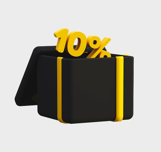 3d render icono de regalo negro y amarillo abierto diez por ciento de descuento