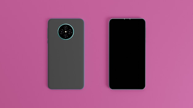 3D-Render-Illustrationsbildschirm-Smartphone-Vorder- und Rückseite mit blaugrünem Metallrahmen und rosa Hintergrund