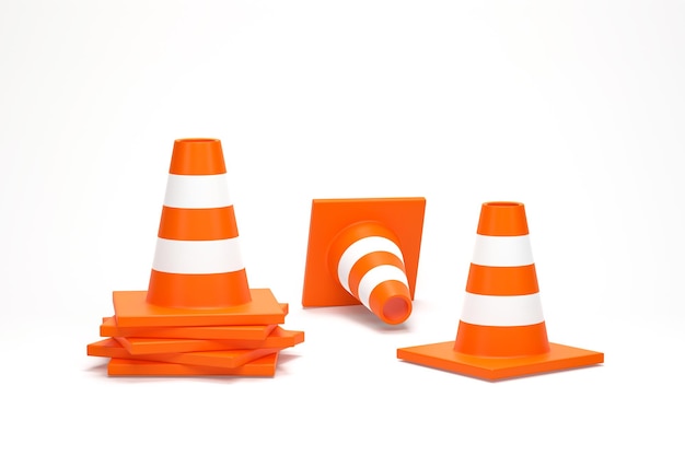 3d render ilustração 3d cone de construção de tráfego com listras brancas e laranja isoladas no fundo branco