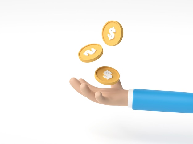 3D render ilustração 3D Mão dos desenhos animados do personagem empresário segurando uma moeda no fundo branco Negócios de dinheiro ou conceito de operação financeira