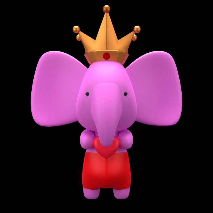 Foto 3d render ilustração de um elefante de brinquedo com coroa de ouro
