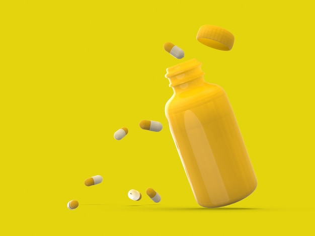 3D render ilustração garrafa de plástico com pílula de medicamentos