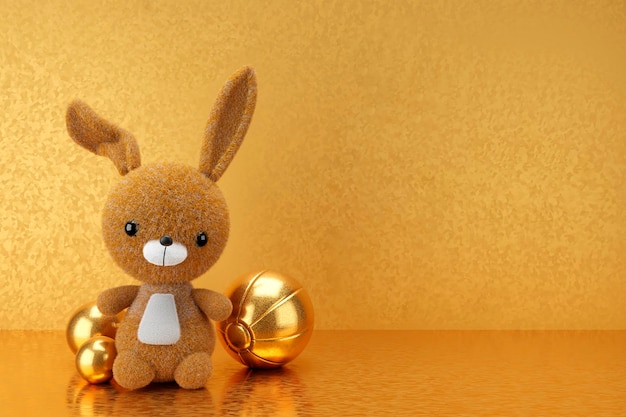 3d render ilustración de conejo de juguete en el estante de exhibición de oro Maqueta de habitación para niños