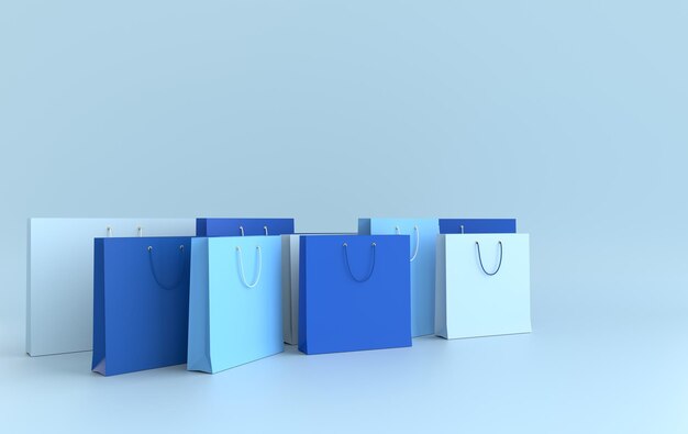 3D Render ilustración Conjunto de bolsas de papel azul sobre fondo azul.