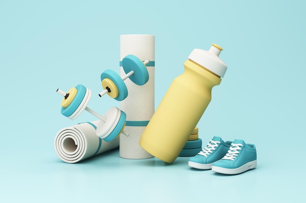 3D render ilustración deporte fitness equipo masculino y femenino concepto yoga mat botella de agua mancuernas pesas con zapatos Fitness y aislar sobre fondo pastel 3d render