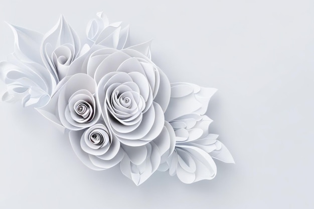 3d render ilustración digital flores de papel blanco fondo decoración de boda plantilla de tarjeta de felicitación de encaje nupcial decoración de pared floral en blanco