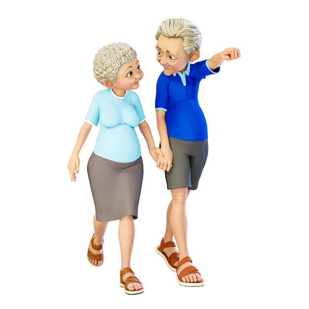 3D Render ilustración Feliz pareja senior caminando de la mano