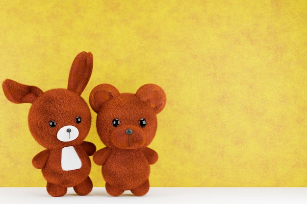 3D Render ilustración de modelos de conejo y oso bebé sobre fondo amarillo