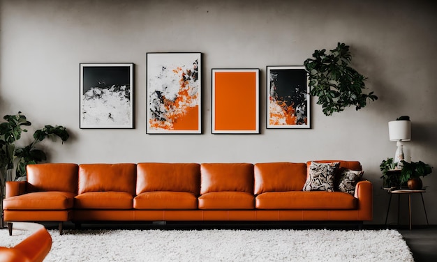 3d render imagem foto sala de estar de luxo tem sofá de couro laranja e moldura de pôster mock up