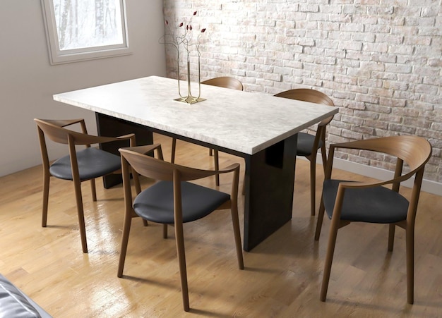 3d render industrial sala de estar e sala de jantar com mesa e cadeira de madeira