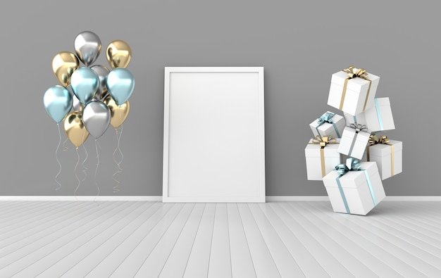 3D render interior con cajas de regalo, carteles y globos
