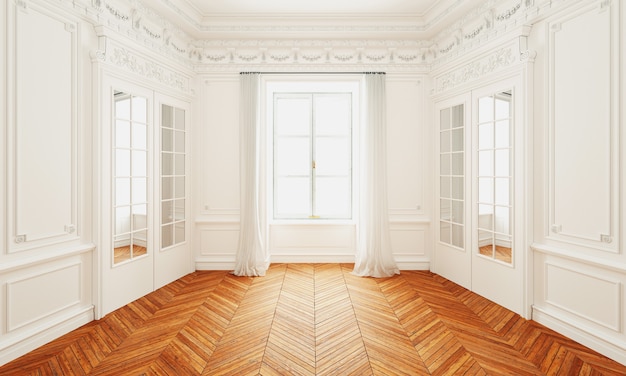 3D render interior clássico de parede branca e moldura moderna com parquet