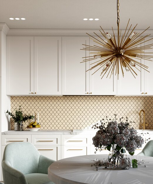 3d render interior da cozinha com backsplash hexagonal de mosaico bege