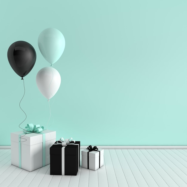 3d render interior con globos y caja de regalo con lazo en la habitación