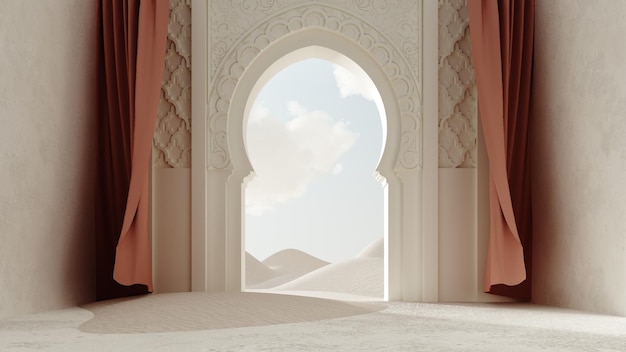 3d render islámico inspirado ventana decorativa proyectando sombras con nubes flotantes surrealistas