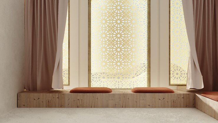3d render islámico inspirado ventana decorativa proyectando sombras con nubes flotantes surrealistas