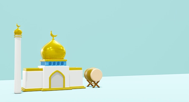 3D-Render-Islamische Moschee mit Bedug-Trommel auf hellblauem Hintergrund isoliert