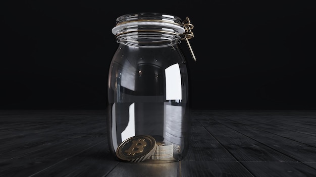 3D Render de Jar lleno de bitcoins sobre fondo negro y madera botella de concepto financiero bitcoin