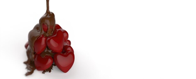 3d render jarabe de chocolate goteando derritiéndose sobre el símbolo de forma de corazón rojo sobre fondo blanco