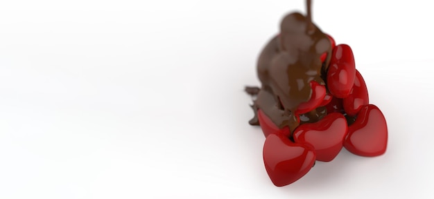 3d render jarabe de chocolate goteando derritiéndose sobre el símbolo de forma de corazón rojo sobre fondo blanco