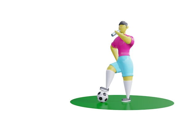 3d render jogador de futebol de personagem bebe água de uma garrafa e segura a bola com um pé