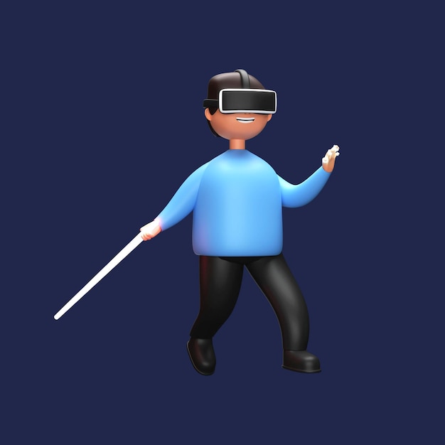 3D Render de joven vistiendo VR Box con Holded Stick contra el fondo azul.