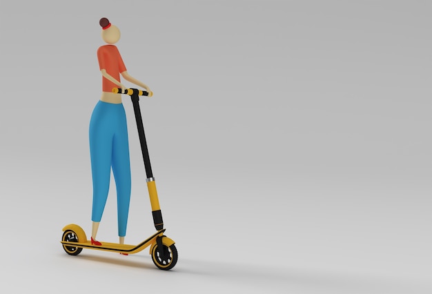 3D-Render-Karikatur-Frau, die einen Push-Scooter reitet 3D-Kunst-Design-Illustration.