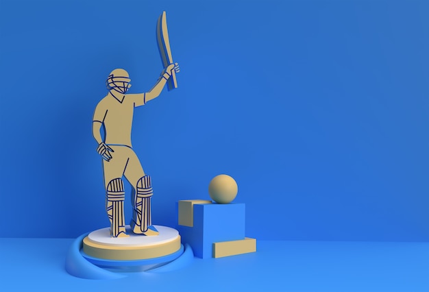 3D-Render-Konzept von Batsman, der Cricket spielt - Szene für Display Championship Trophy Cup, 3D-Kunstdesign-Plakatillustration.