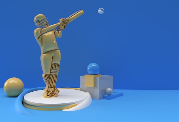 3D-Render-Konzept von Batsman Playing Cricket - Szene für Display Championship Trophy Cup, 3D-Kunstdesign-Plakatillustration.