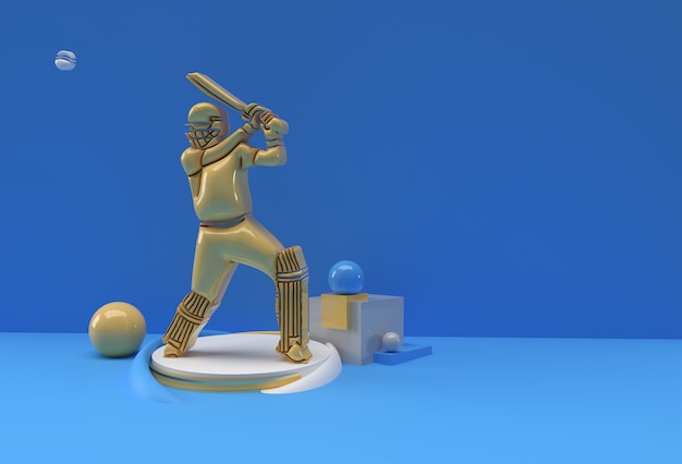 3D-Render-Konzept von Batsman Playing Cricket - Szene für Display Championship Trophy Cup, 3D-Kunstdesign-Plakatillustration.