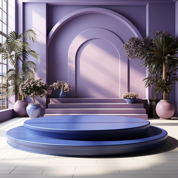 3D-Render-Kreispodium in blauer Farbe mit elegantem Hintergrund
