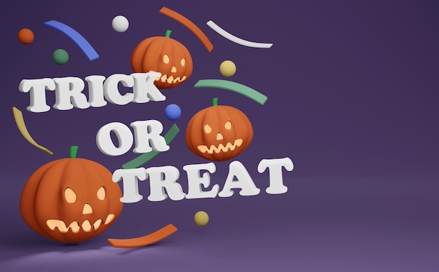 Foto 3d-render kürbisse und text trick or treat mit konfetti und platz für text auf lila hintergrund