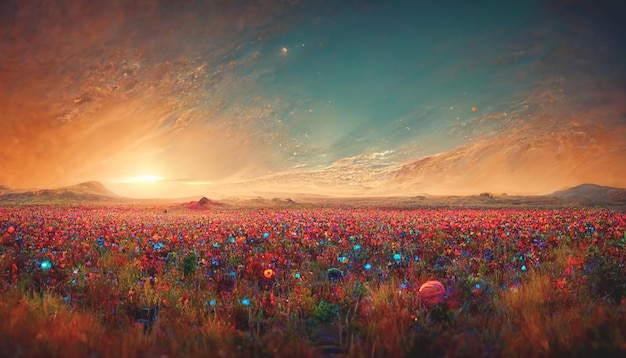 3d render lanscape de campo de flores coloridas ao pôr do sol em marte papel de parede bonito e incrível da natureza