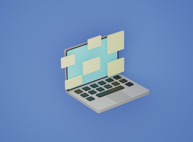 3d render Laptop con muchas notas amarillas en fondo azul