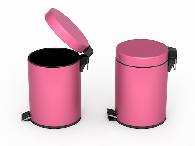 3D render latas de lixo rosa (isolado no caminho branco e recorte)