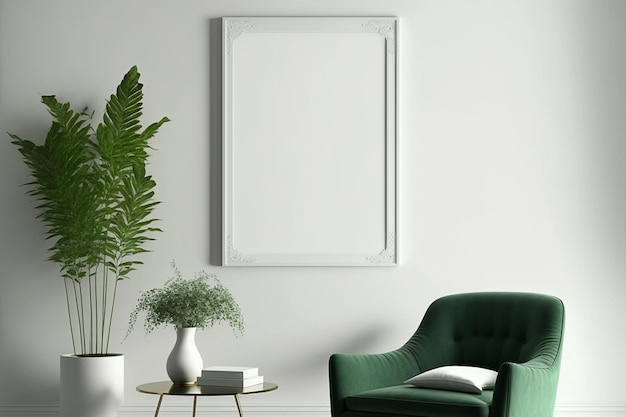 3D-Render leerer Bilderrahmen Mockup auf weißer Wand Wohnzimmer im Boho-Stil Interieur Generative KI