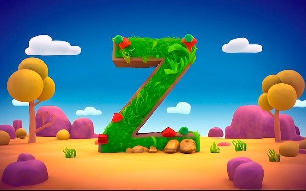 Foto 3d render de la letra z en el paisaje de dibujos animados ai generado