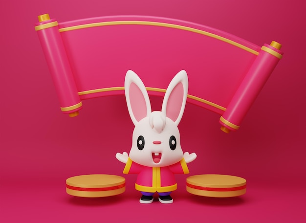 3d render lindo personaje de conejo muestra podios flotantes vacíos y desplazamiento de mano chino en blanco en la parte superior