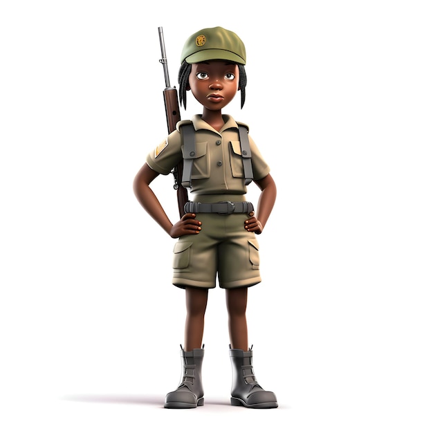 3D Render de Little African American Girl con uniforme del ejército sobre fondo blanco.