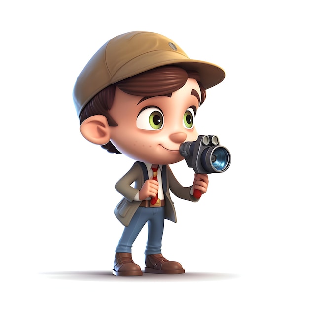 3D Render de Little Boy con cámara sobre fondo blanco con trazado de recorte