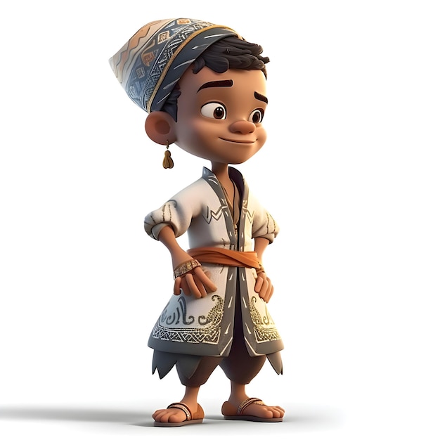 3D Render de Little Boy con un traje tradicional sobre fondo blanco.