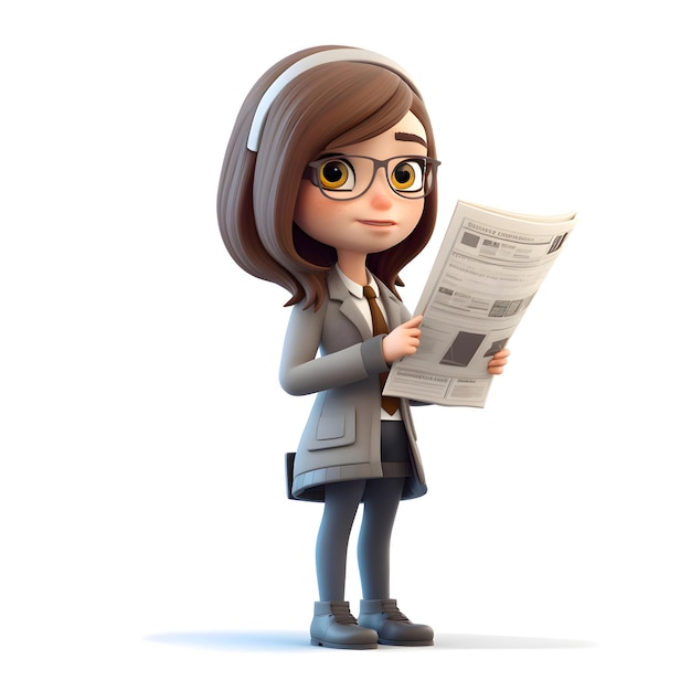 3D Render de Little Business Woman con papel de noticias sobre fondo blanco.