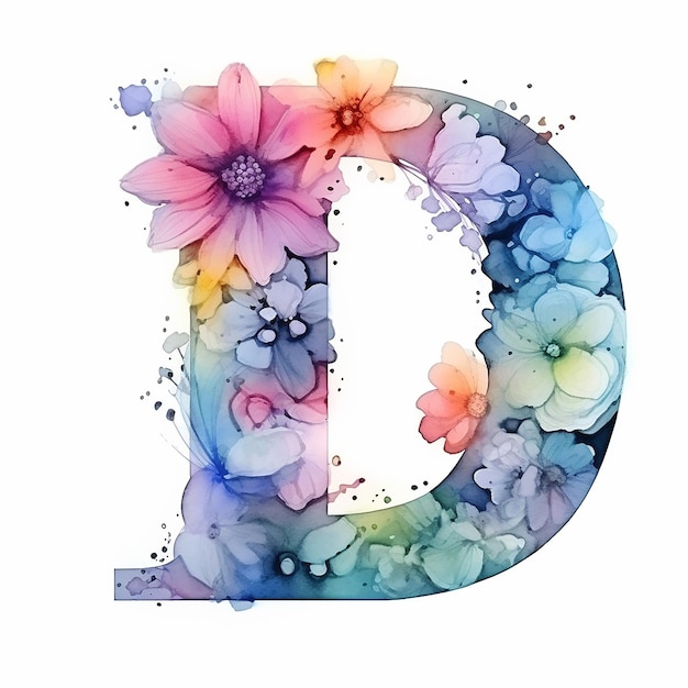 3D render logotipo genérico aquarela floral álcool tinta com letra D