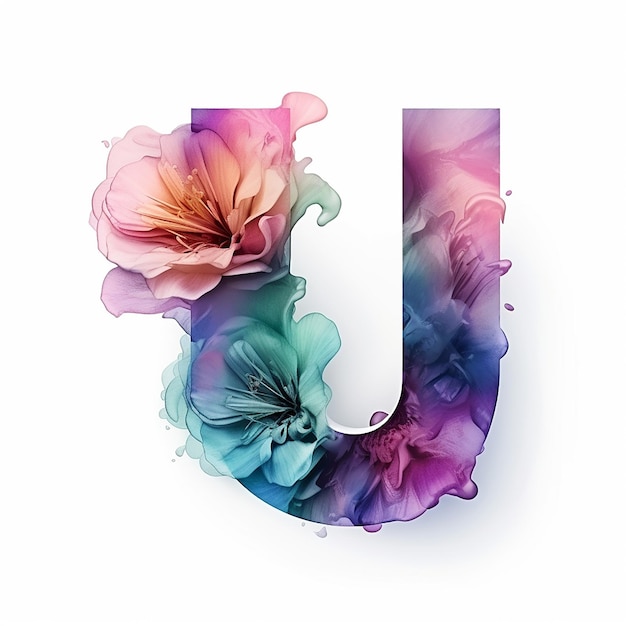 Foto 3d render logotipo genérico aquarela floral álcool tinta com letra u alfabeto floral aquarela