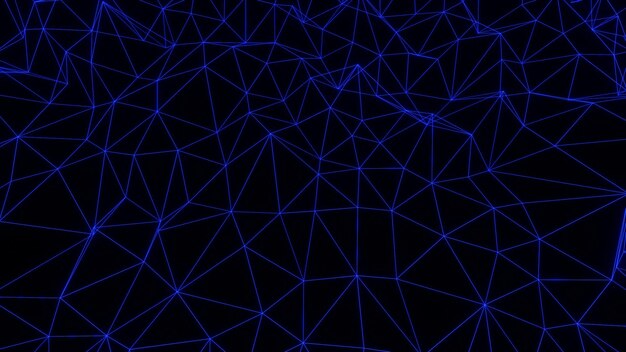 Foto 3d-render-low-poly-blau-drahtmodell-dreieck auf schwarzem hintergrund, hosting, internet, webserver, daten