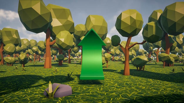 3D Render Low Polygon ein grüner Pfeil zum Anzeigen einer Richtung mit Umgebung im Hintergrund