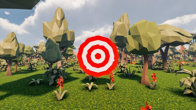 3D Render Low Polygon Hintergrund mit Naturlandschaft Waldlandschaft und Ziel rot und weiß