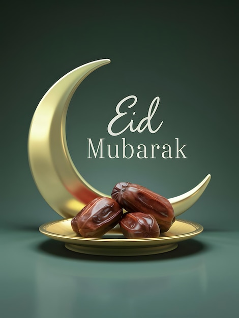 Foto 3d render de luna creciente de oro y fechas con saludos de eid mubarak fondo islámico